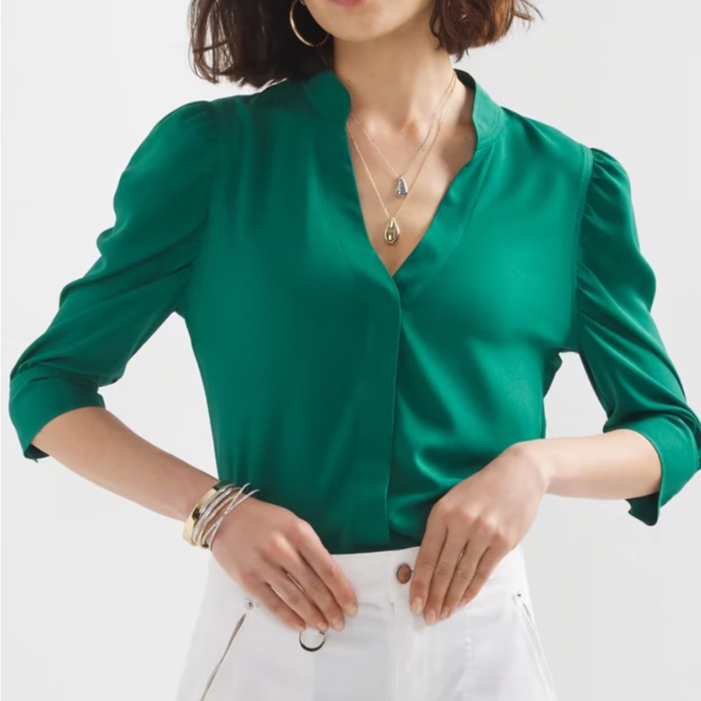 White House Black Market Green Puff Sleeve Blouse